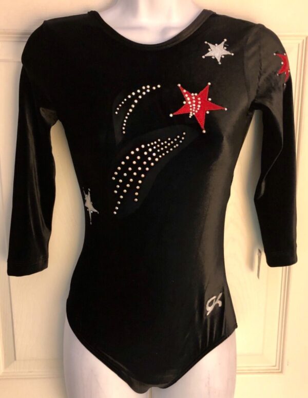 GK LgSLV LADIES SMALL BLACK VELVET STAR FOIL JA GYMNASTICS DANCE LEOTARD Sz AS