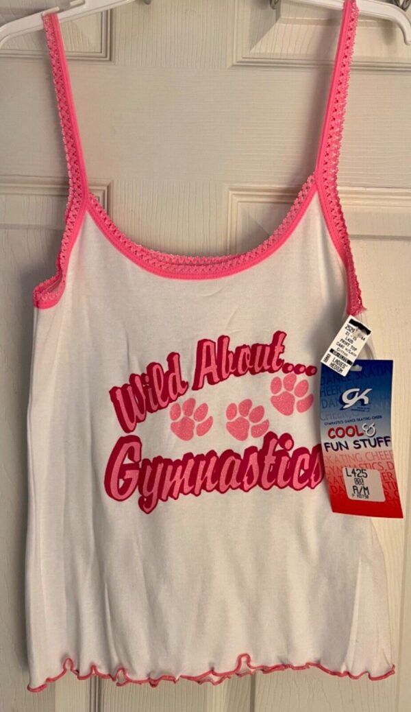 GK 'WILD ABOUT GYMNASTICS' ADULT MED WHITE COTTON PINK TRIM SPARKLE GRAPHIC Sz M - Image 8