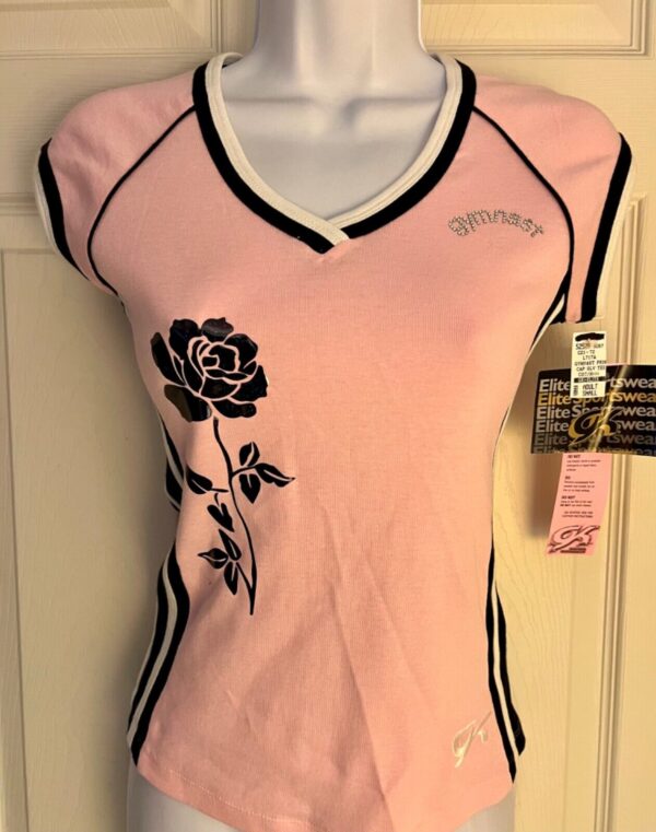 GK JEWELED 'GYMNAST' ADULT SMALLPINK COTTON CAP SLV BLACK  ROSE ACCENT TEE SZ S