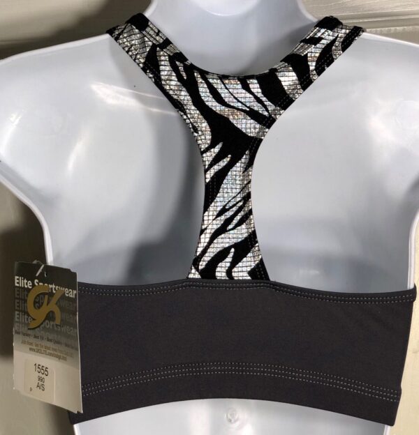 GK CHEER CROP TOP ADULT SMALL ZANY ZEBRA TRIM GRAY NYLON/SPANDEX T-BACK AS NWT! - Image 2