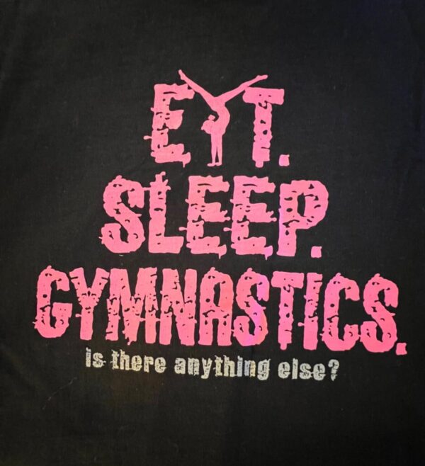 THE AUSSIE T CO. GK PINK â€œGYMNASTICSâ€¦â€ LADIES SMALL SSLV  BLACK COTTON T-SHIRT S