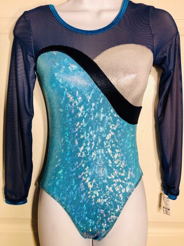 GK ELITE LgS LADIES SMALL NAVY MESH BLUE SILVER FOIL GYMNASTICS DANCE LEOTARD AS