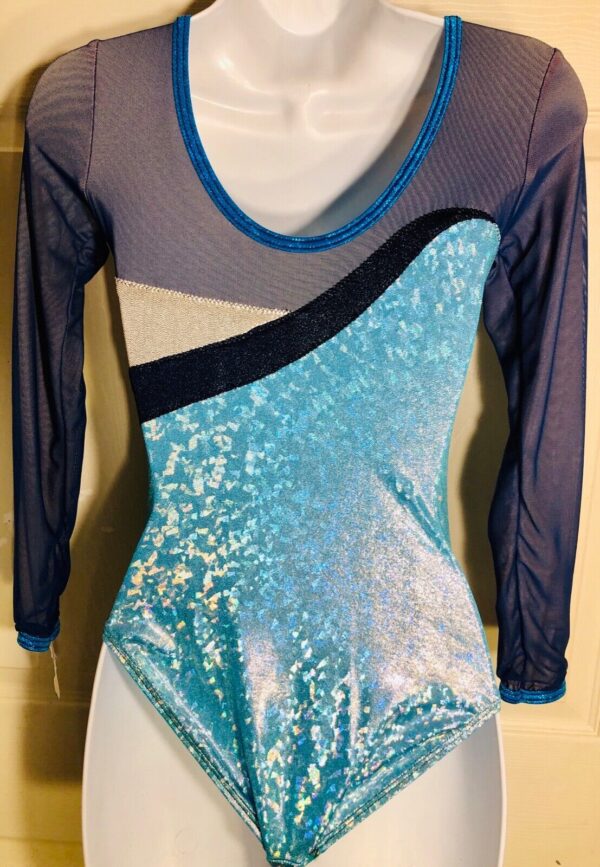 GK ELITE LgS LADIES SMALL NAVY MESH BLUE SILVER FOIL GYMNASTICS DANCE LEOTARD AS - Image 2