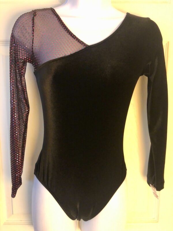 GK LADIES SMALL BLACK VELVET PINK BEADED MESH LgSLV GYMNAST DANCE LEOTARD Sz AS