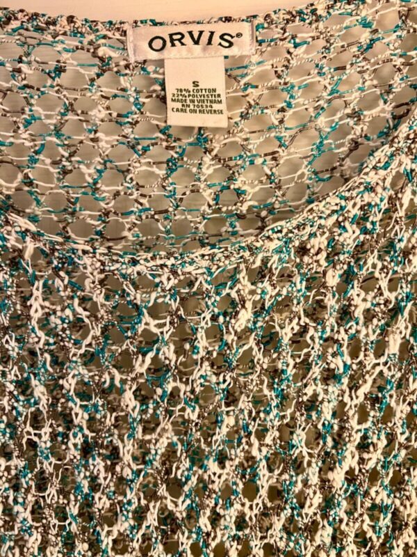 ORVIS Women's Small Teal White Gray Crochet Knit Cotton/Poly Pullover Sweater S - Image 6