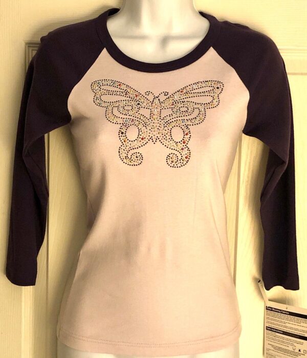 GK Elite T-SHIRT LADIES SMALL 3/4 SLV JEWELED BUTTERFLY SKATE PURPLE COTTON AS