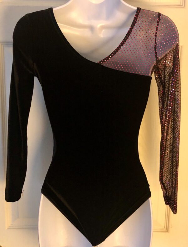 GK LADIES SMALL BLACK VELVET PINK BEADED MESH LgSLV GYMNAST DANCE LEOTARD Sz AS - Image 5