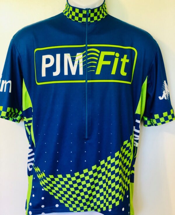 VOMAX PJM FIT CYCLING JERSEY MENS LARGE SSLV POLY BLUE GREEN GRAPHICS AS EUC!