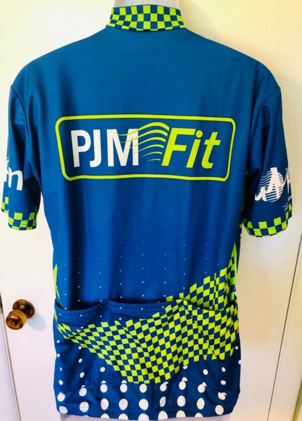 VOMAX PJM FIT CYCLING JERSEY MENS LARGE SSLV POLY BLUE GREEN GRAPHICS AS EUC! - Image 2