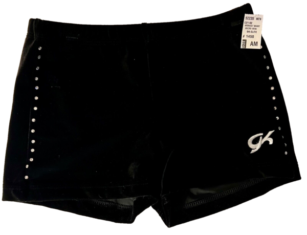 GK CHEER MICRO MINI WORKOUT SHORTS ADULT MEDIUM BLACK VELVET SWAR CRYSTALS AM - Image 2