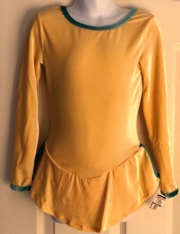 GK ICE SKATE LgSLV GIRLS SMALL YELLOW VELVET V-BACK JADE TRIM DRESS Sz CS NWT!