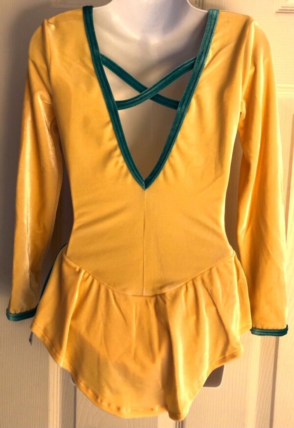 GK ICE SKATE LgSLV GIRLS SMALL YELLOW VELVET V-BACK JADE TRIM DRESS Sz CS NWT! - Image 5