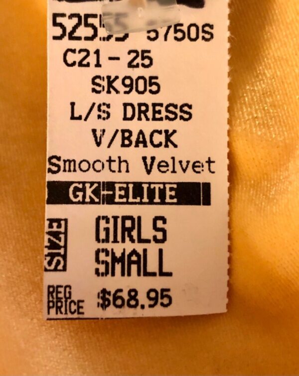 GK ICE SKATE LgSLV GIRLS SMALL YELLOW VELVET V-BACK JADE TRIM DRESS Sz CS NWT! - Image 7