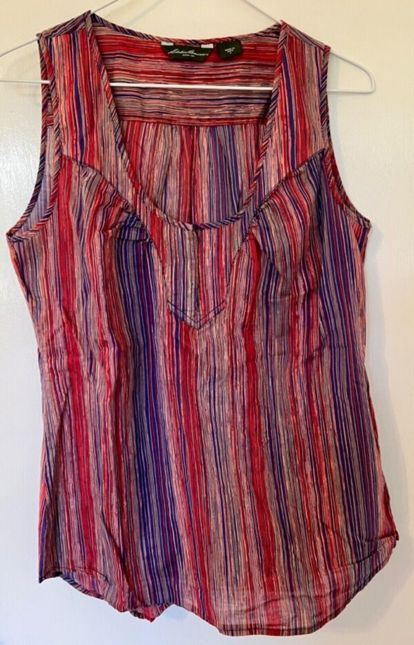 EDDIE BAUER LADIES SMALL SLVS LIGHTWT RED/BLUE LINEAR STRIPED CASUAL TOP Sz S - Image 7