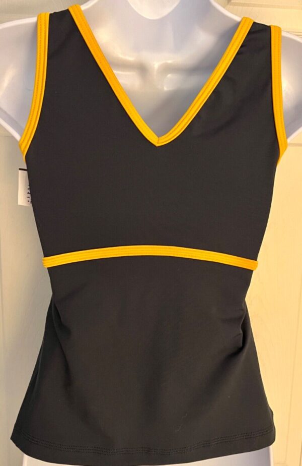 GK DANCE CHEER LADIES SMALL NAVY YELLOW DRY TECH V-NECK PERFORM TOP Sz AS NWT! - Image 4