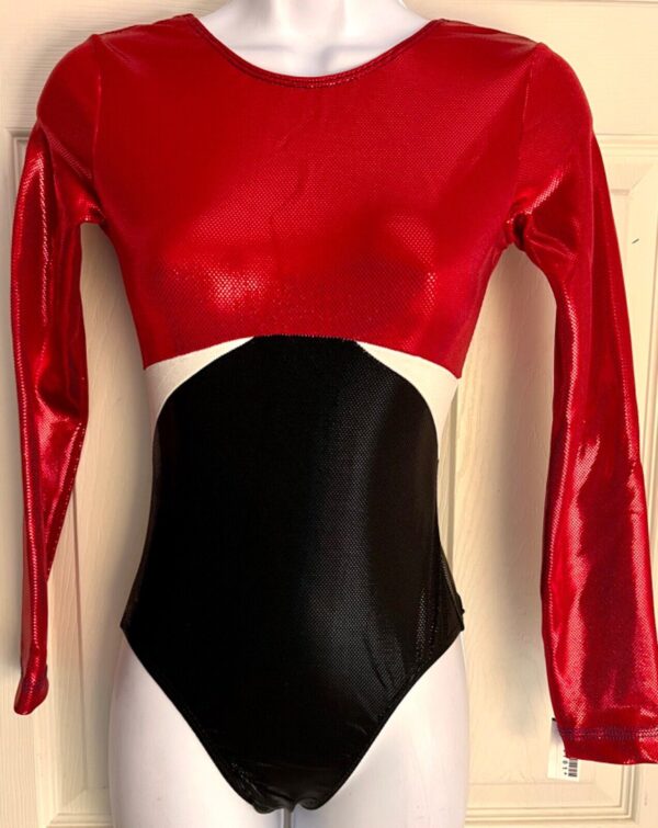 GK LgS RED BLACK SHIMMER ADULT SMALL GYMNASTICS DANCE CHEER LEOTARD Sz AS NWT!