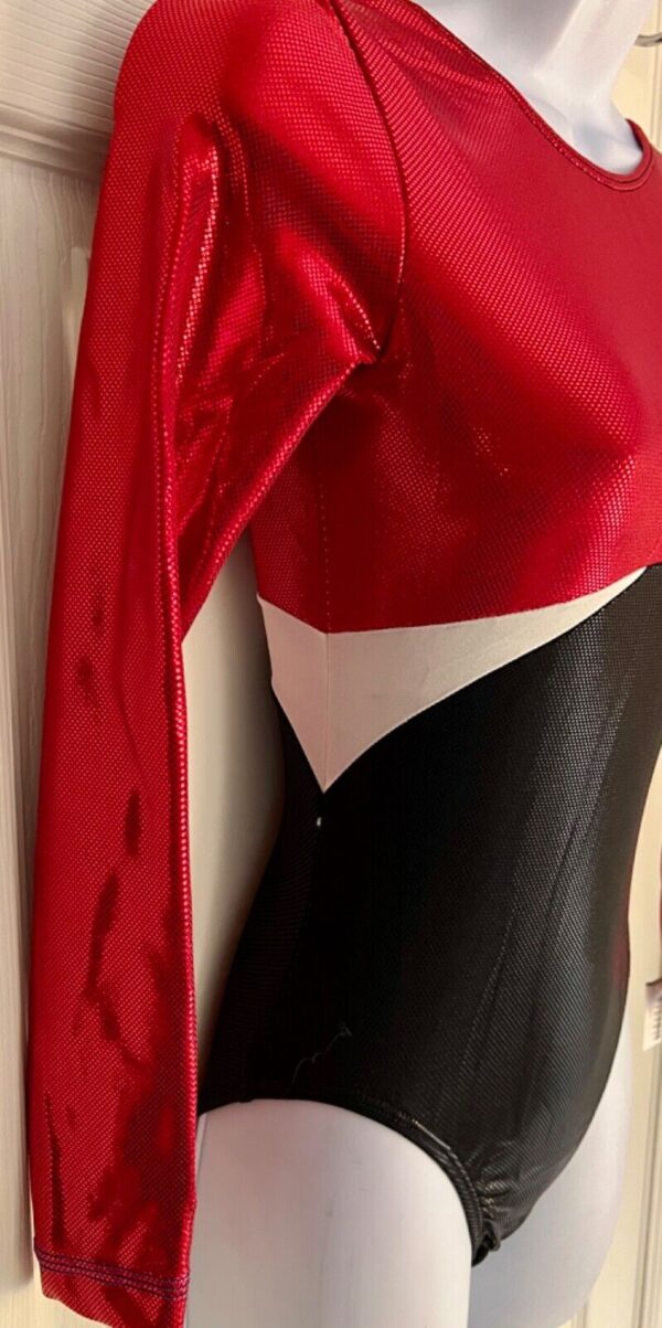 GK LgS RED BLACK SHIMMER ADULT SMALL GYMNASTICS DANCE CHEER LEOTARD Sz AS NWT! - Image 2