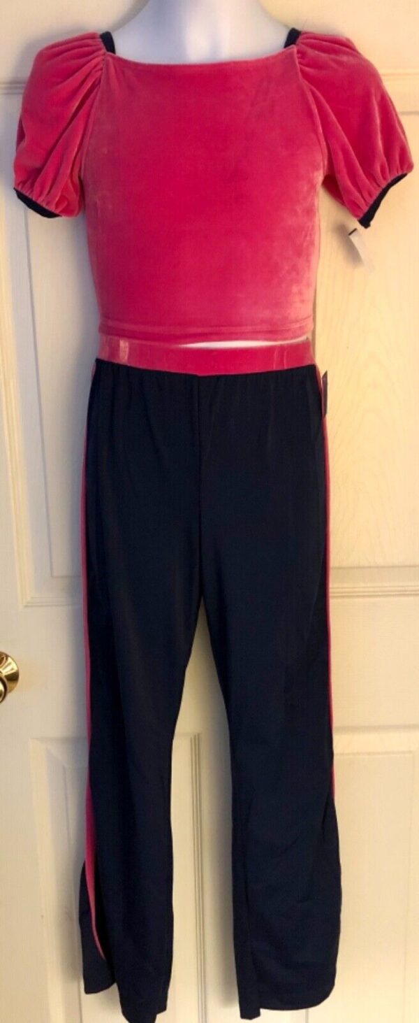 GK ICE SKATE GIRLS LARGE PINK CROP TOP NAVY NYLON FLARED PANT SET Sz CL NWT! - Image 2