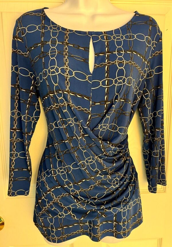 7TH AVENUE NY & CO LADIES MEDIUM NAVY CHAIN PRINT 3/4 SLV DRAPE TOP Sz M EUC!