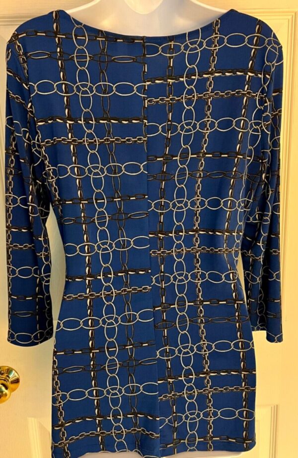 7TH AVENUE NY & CO LADIES MEDIUM NAVY CHAIN PRINT 3/4 SLV DRAPE TOP Sz M EUC! - Image 4