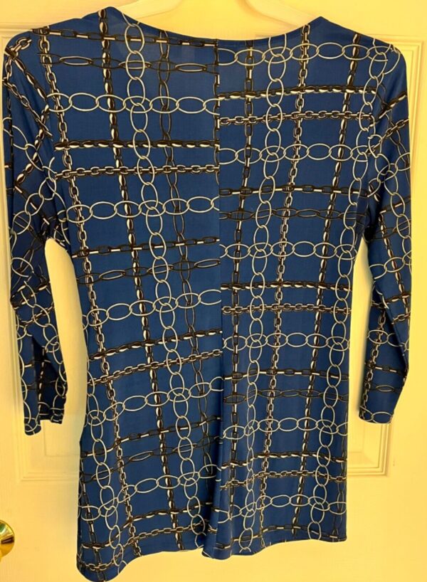 7TH AVENUE NY & CO LADIES MEDIUM NAVY CHAIN PRINT 3/4 SLV DRAPE TOP Sz M EUC! - Image 7