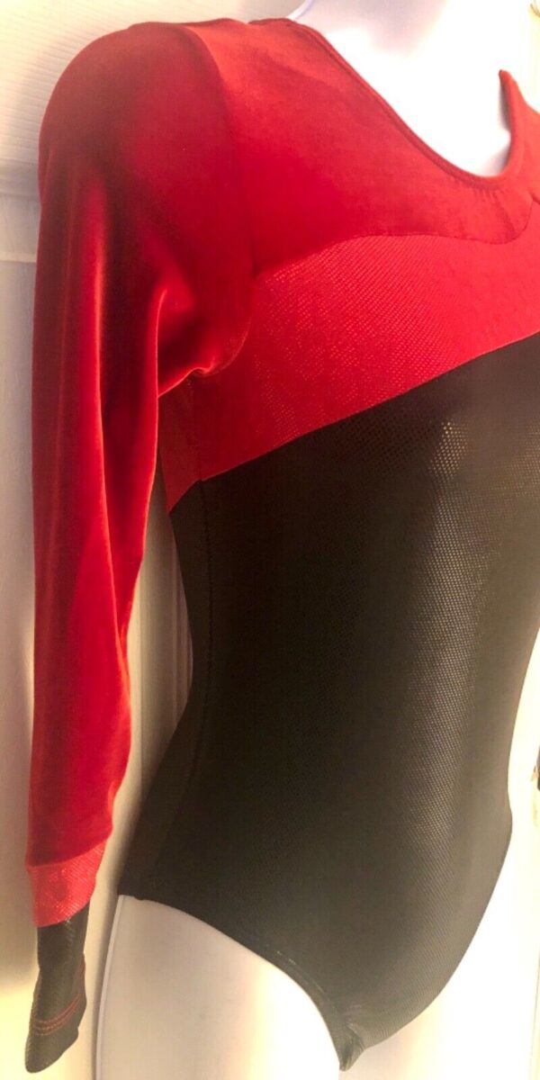 GK LgSLV LADIES SMALL BLACK RED FOIL VELVET GYMNASTICS DANCE LEOTARD Sz AS NWT! - Image 2