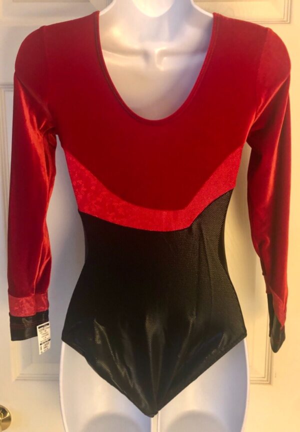 GK LgSLV LADIES SMALL BLACK RED FOIL VELVET GYMNASTICS DANCE LEOTARD Sz AS NWT! - Image 7