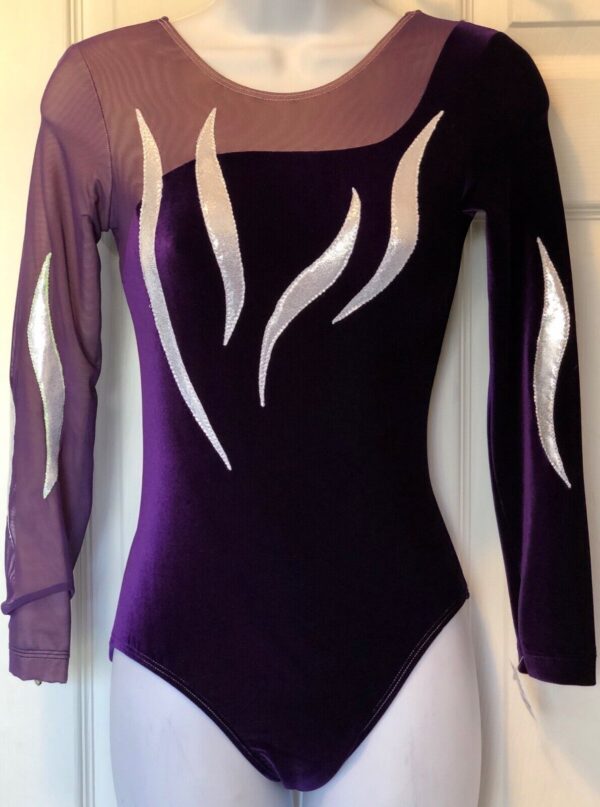 GK LgS ADULT SMALL EGGPLANT VELVET SILVER FOIL MESH GYMNASTIC DANCE LEOTARD AS