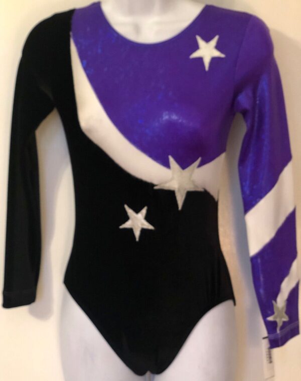 GK ELITE LgS PURPLE FOIL BLACK VELVET STARS GYMNASTIC LEO Sz AS