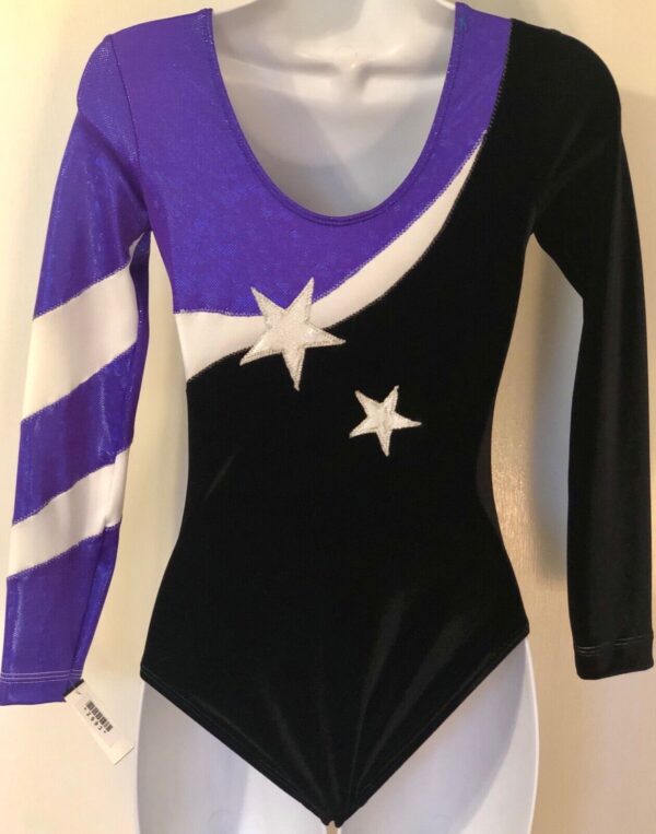 GK ELITE LgS PURPLE FOIL BLACK VELVET STARS GYMNASTIC LEO Sz AS - Image 2