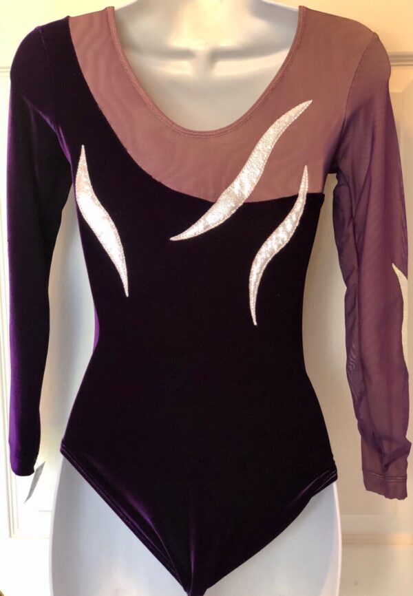 GK LgS ADULT SMALL EGGPLANT VELVET SILVER FOIL MESH GYMNASTIC DANCE LEOTARD AS - Image 2