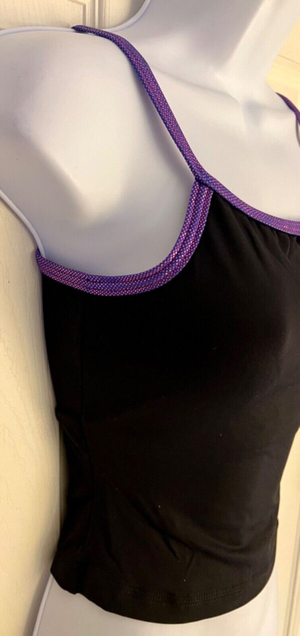 GK DANCE JAZZ ADULT MEDIUM BLACK MICROFIBER PURPLE FOIL STRAPPY BACK CAMI TOP AM - Image 3