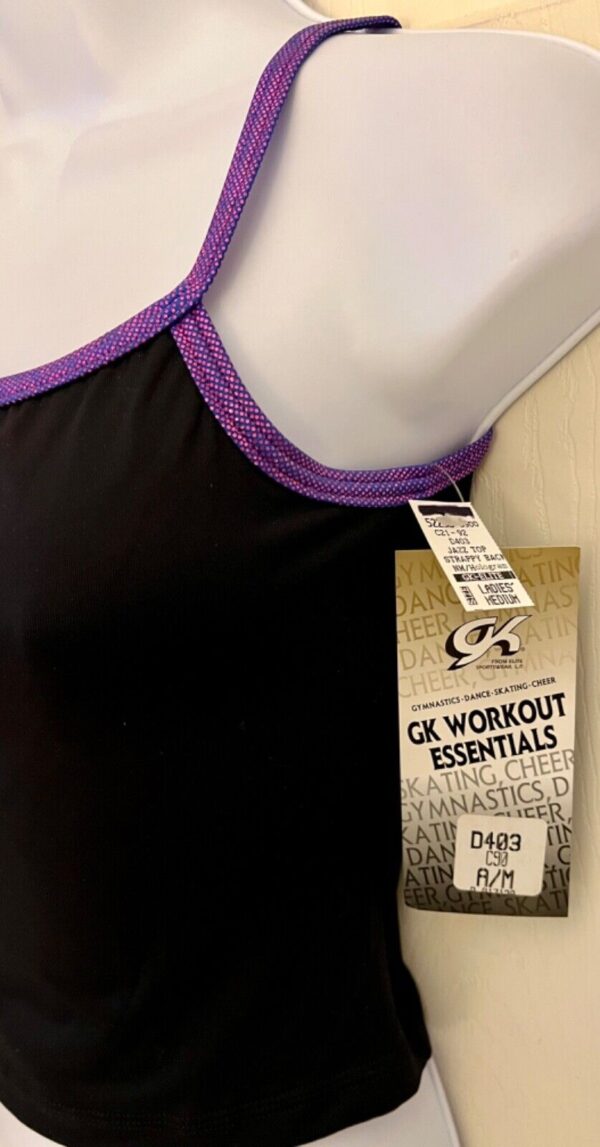 GK DANCE JAZZ ADULT MEDIUM BLACK MICROFIBER PURPLE FOIL STRAPPY BACK CAMI TOP AM - Image 4