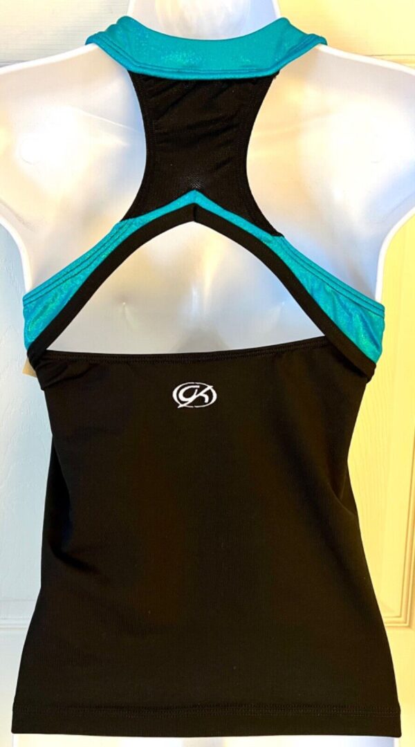 GK CHEER LADIES MEDIUM BLACK N/S BLUE FOIL BLACK MESH HALTER DANCE TOP Sz AM - Image 6