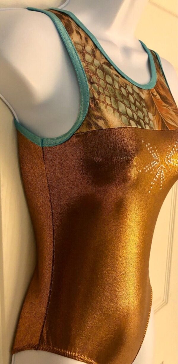 DREAMLIGHT GOLD ADULT X-SMALL FELINE FOIL PRINT GYMNASTS DANCE TANK LEOTARD AXS - Image 4