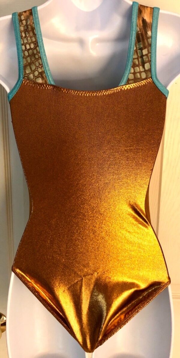 DREAMLIGHT GOLD ADULT X-SMALL FELINE FOIL PRINT GYMNASTS DANCE TANK LEOTARD AXS - Image 7