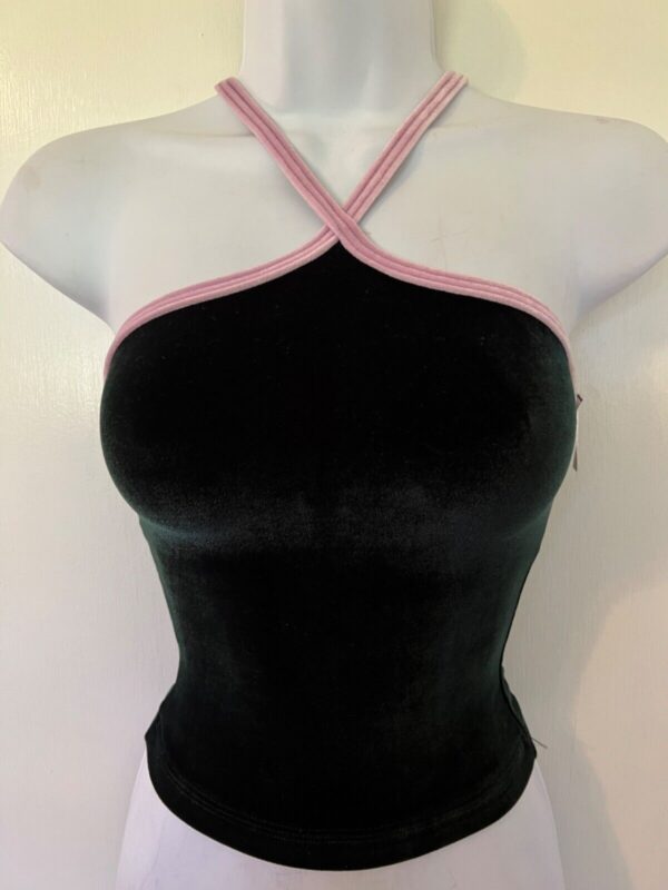 GK DANCE CHEER SKATE ADULT SMALL BLACK VELVET PINK STRAP HALTER TOP Sz AS NWT!