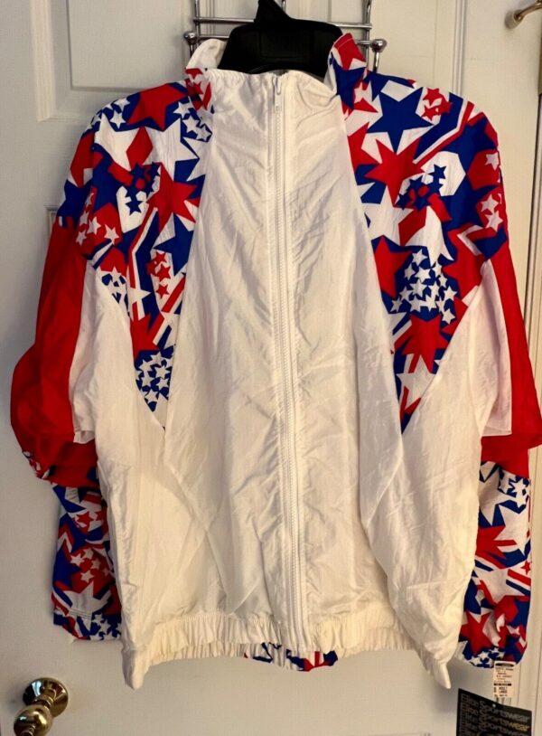 GK ADULT LARGE WARM UP JACKET PATRIOTIC STARS GYMNASTICS CHEER CRINKLE NYLON AL