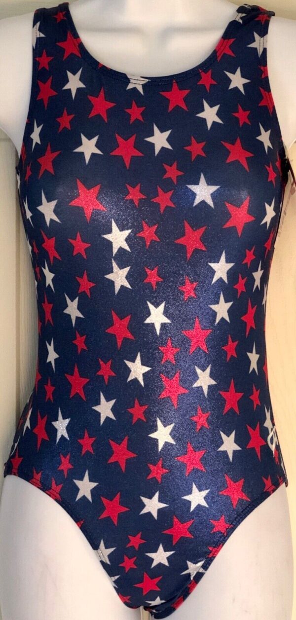 GK Gymnastics LEOTARD ADULT XS ROYAL FOIL RED WHITE STARS TANK AXS