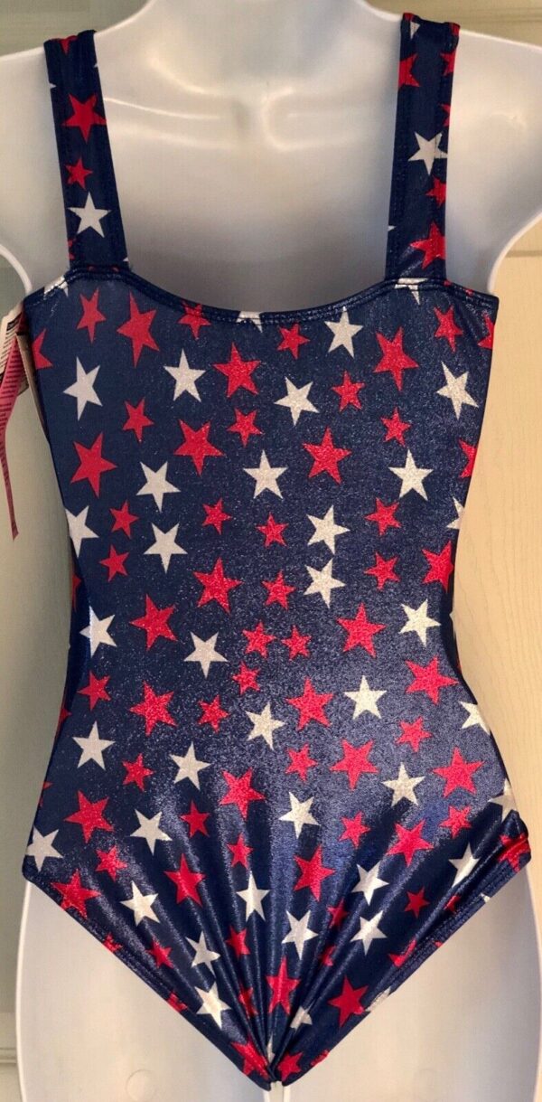 GK Gymnastics LEOTARD ADULT XS ROYAL FOIL RED WHITE STARS TANK AXS - Image 2