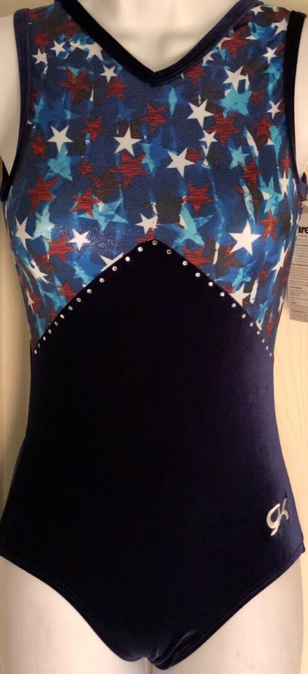 GK TANK LEOTARD ADULT X-SMALL FOIL STAR PRINT NAVY VELVET JA GYMNASTS DANCE AXS