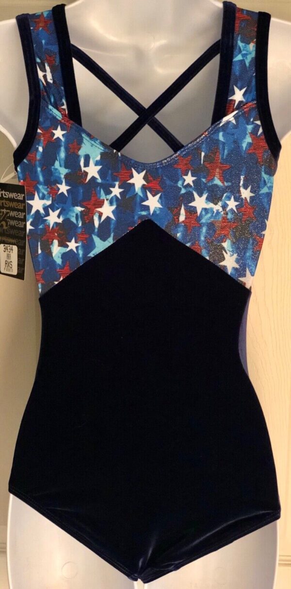 GK TANK LEOTARD ADULT X-SMALL FOIL STAR PRINT NAVY VELVET JA GYMNASTS DANCE AXS - Image 2