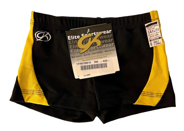 GK CHEER ADULT X-SMALL MICRO MINI BLACK NYLON YELLOW MESH GYM DANCE SHORTS XS