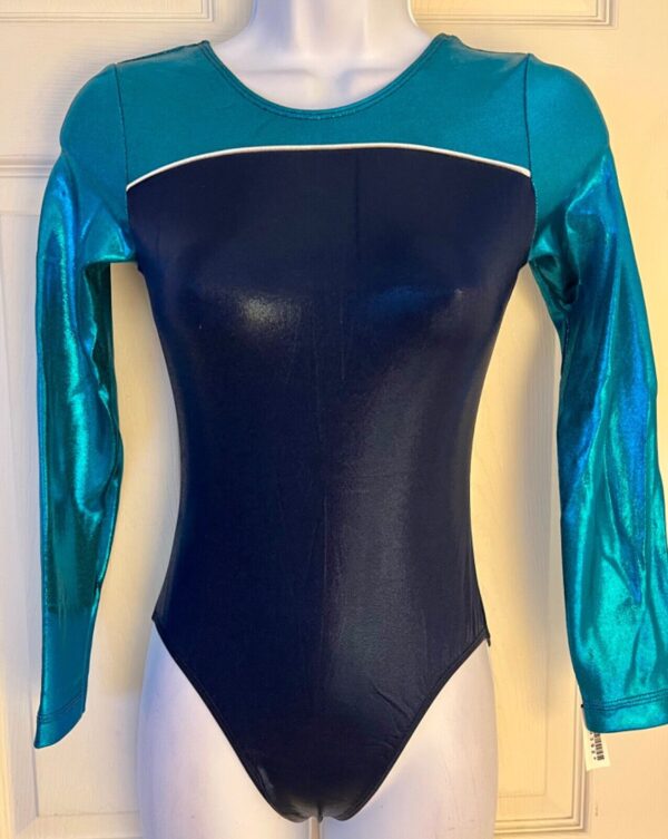 GK LgSLV LADIES SMALL NAVY TURQUOISE MYSTIQUE GYMNASTICS DANCE LEOTARD Sz AS NWT