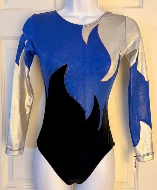 GK BLUE SILVER FOIL ADULT SMALL LgSLV BLACK VELVET GYMNASTIC DANCE LEOTARD Sz AS