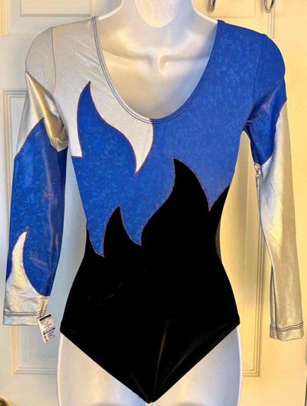 GK BLUE SILVER FOIL ADULT SMALL LgSLV BLACK VELVET GYMNASTIC DANCE LEOTARD Sz AS - Image 6