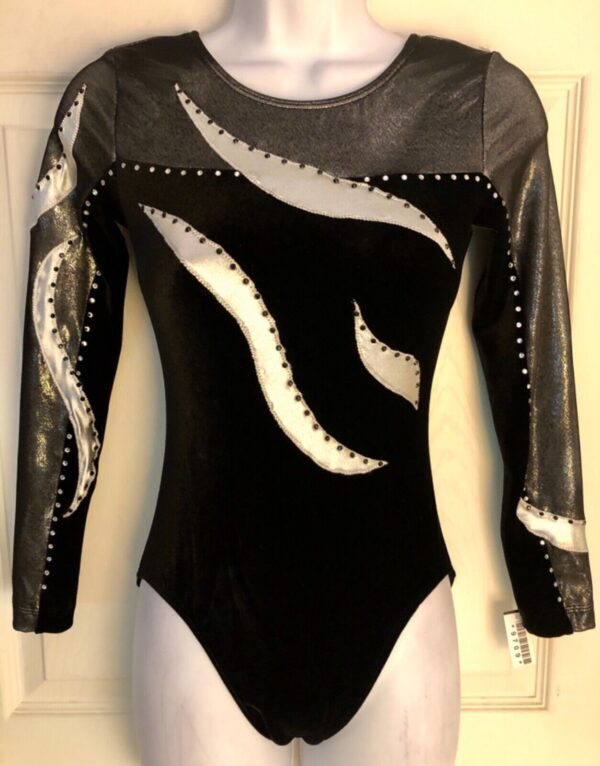 GK LgSLV LADIES SMALL BLACK VELVET GLITTER MESH JA GYMNAST DANCE LEOTARD Sz AS