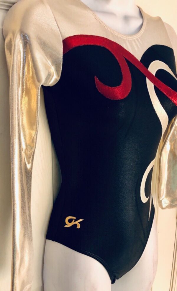 GK LgSLV LADIES SMALL GOLD BLACK MERLOT MYSTIQUE GYMNASTICS DANCE LEOTARD Sz AS - Image 3