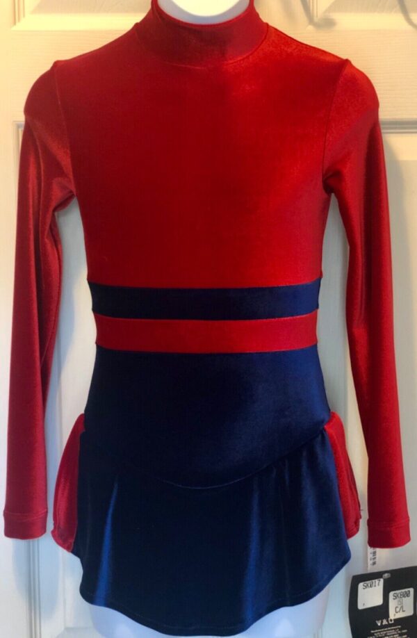 GK LgSLV RED BLUE VELVET CHILD LARGE TURTLENECK KEYHOLE FIGURE SKATE DRESS CL