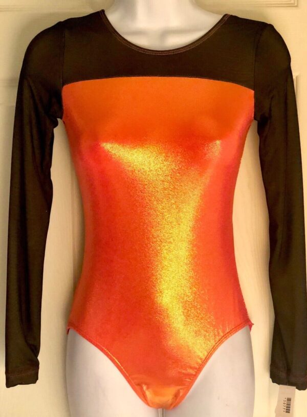 GK Elite ORANGE FOIL BLACK MESH LgS Gymnastic Dance Leotard AS